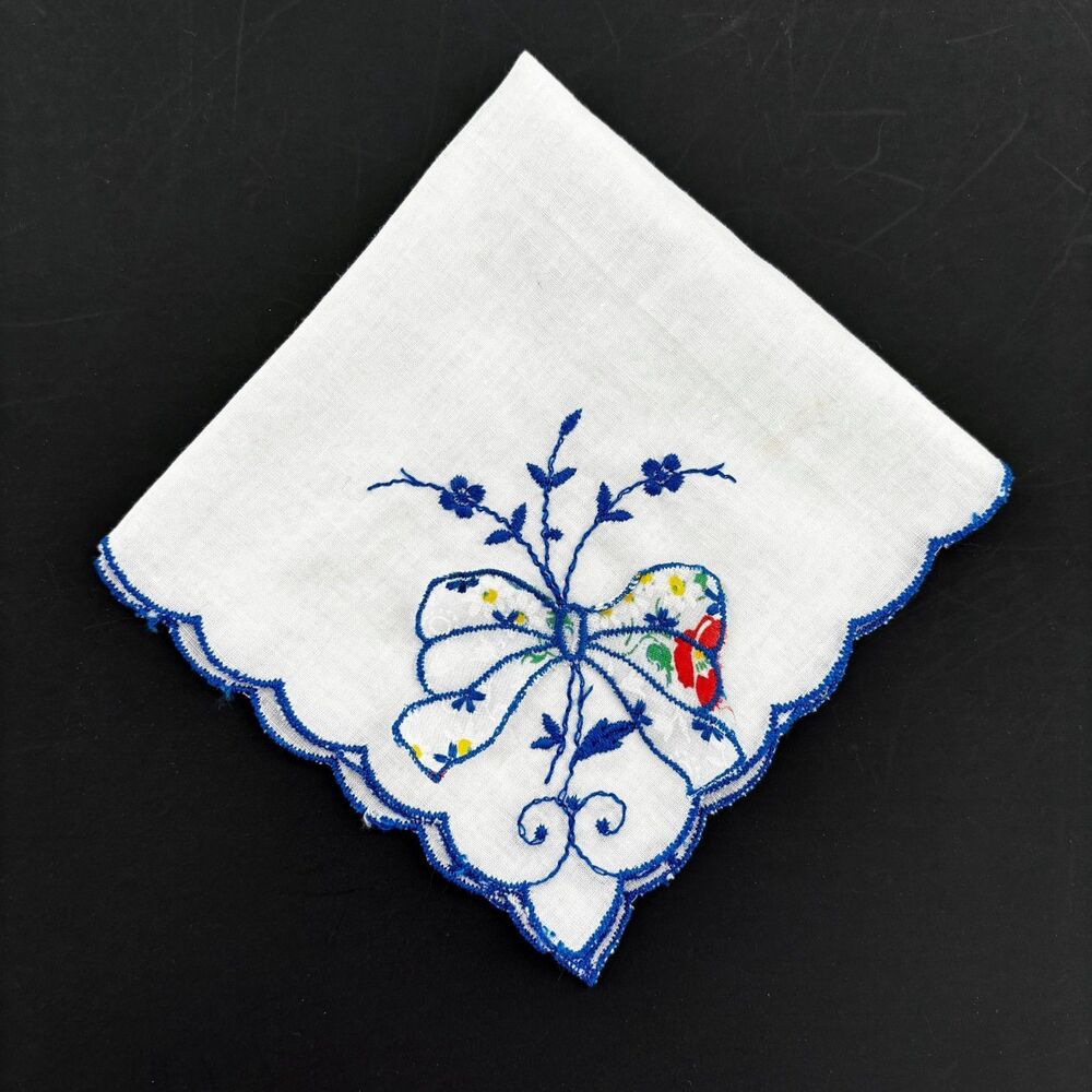 Heirloom 3D Blue Wedding Handkerchief Bride Cottage Vintage Feminine Dainty